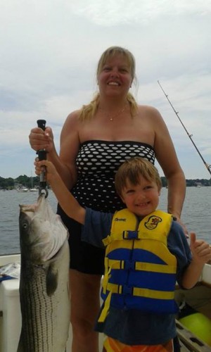 Anne Marie Delacono and her son Anthony tackled this nice 35 incher on our mooring in Salem on Sunday.