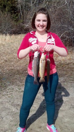 Helene Thompson caught these beautiful trout on her first trip to a Cape Cod pond last week.