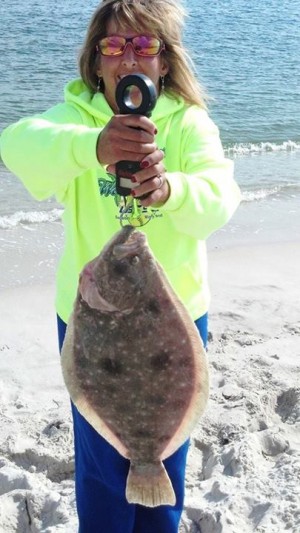 Last Thursday, Denise Foster caught this 8.5-pound fluke at the Sore Thumb off the beach on a live snapper.