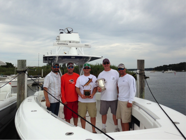 From left to right:  Mate Matt Arieta, Angler Scott Braillard, Captain Ted Rosbeck, Owner Randy Gibbs, Angler Josh Forend