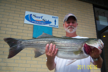 Bob Dooley of Long Branch caught 16 lb striped bass off Elberon Beach with Clams Bob Dooley of Long Branch