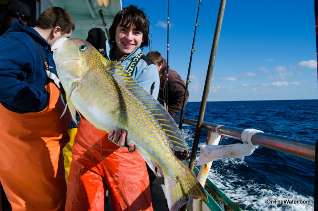 14-year-old Robert on his first deep drop trip came up big with this colorful tilefish. 