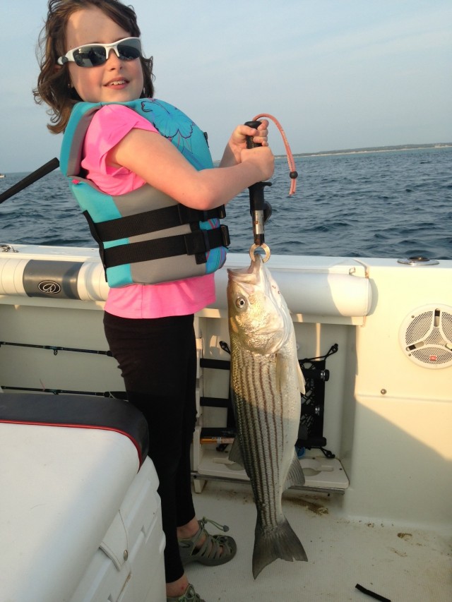 8 year old Lily Pawsey with a 30" striper she hooked, battled and got to the boat all on her own. Caught on a silver ronZ off Sandy Neck Beach.