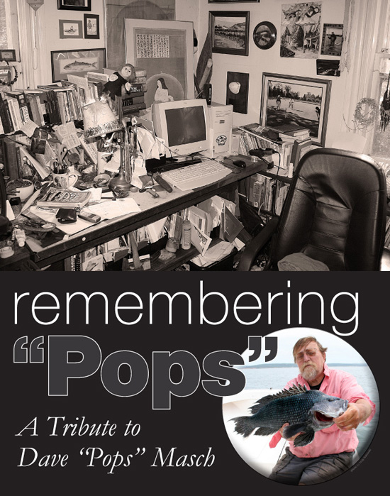 Top: Dave’s desk at his home office was a clutter of oddities and artifacts from all over the world. Bottom: Dave Masch with a respectable sea bass caught in Vineyard Sound. Dave loved to fish, and loved teaching others.