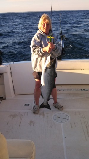 This salmon caught by Toni fell prey to an A-Tom-Mik Capt. Valium rig behind a dipsey diver.