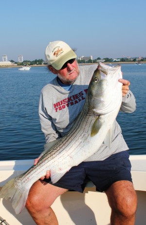 Carl Vinning of Somerville used a sliding sinker to catch this big bass below the schools of pogies.