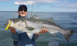 OTW reader Joe Gugino with his personal best bass caught this past weekend off Watch Hill.