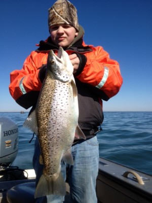 12 Year Old Matt Kenyon of Ovid, NY with a 10# Niagara Bar brown while fishing with Capt. Frank Campbell, Niagara Region Charters.