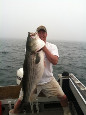Matt Glidden caught this 50-pound striper on a live eel off Block Island last week. 
