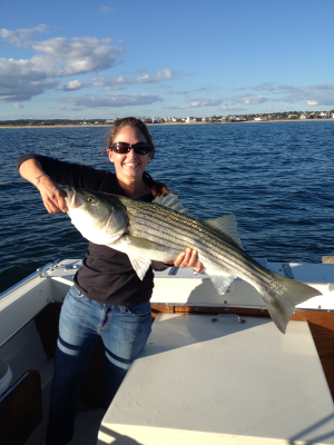 Margeaux Podaski with a 33" beauty caught on umbrella rig off Green Hill RI on a gorgeous Saturday afternoon.