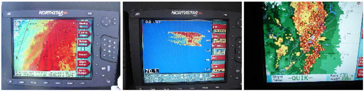 Quality electronics on your boat can make the difference between coming home with the motherload or coming home empty. Many of the new units on the market can show water temperature overlaid on GPS (left), Advanced fishfinder sonar (middle) and can even show you an overlaid weather radar (right).