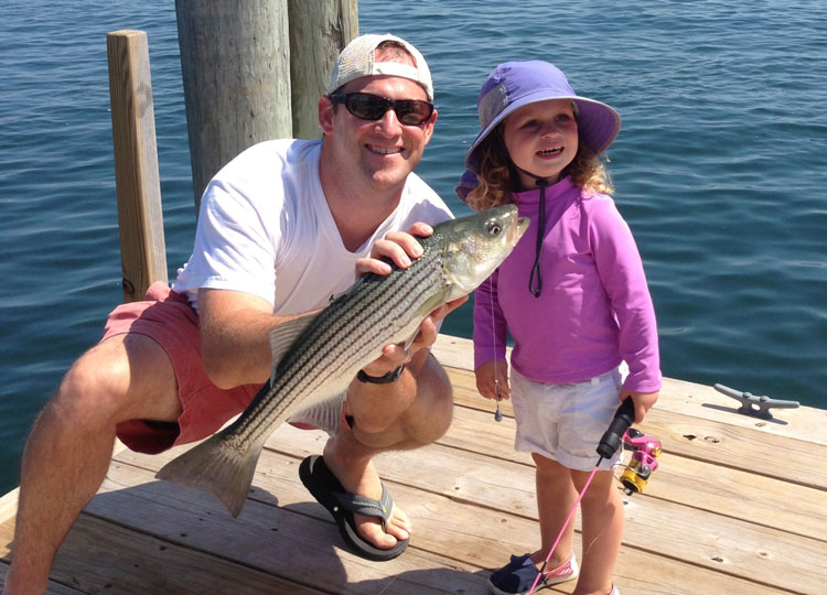 Sadie and her dad were fishing for scup off the Hyannisport dock when they were surprised by this nearly keeper-sized striper.