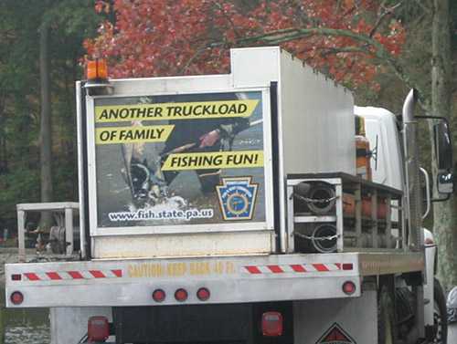 One of our Great White Fleet stocking trucks, like the one pictured, visited Lake Luxembourg within Core Creek County Park on 11/17 for its fall/winter stocking of trout.