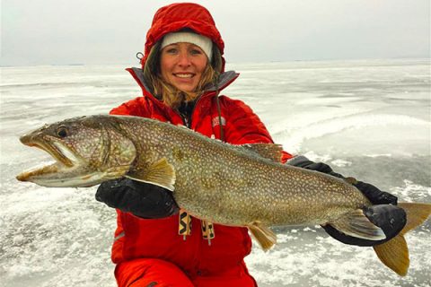 Kelly Brooks of Waterbury caught this 30-inch lake trout while ice fishing on Lake Champlain in early 2015