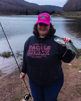 Renee Kelly caught her first trout on a fly while fishing with her husband Don at Lyman Run Lake.  