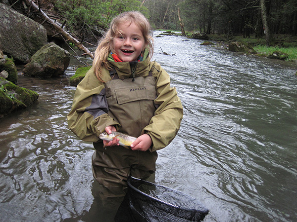 Evangeline Daniel (age 7) caught a nice wild Brown Trout using a bead head march brown nymph on a recent fishing trip to Fishing Creek with her mother.