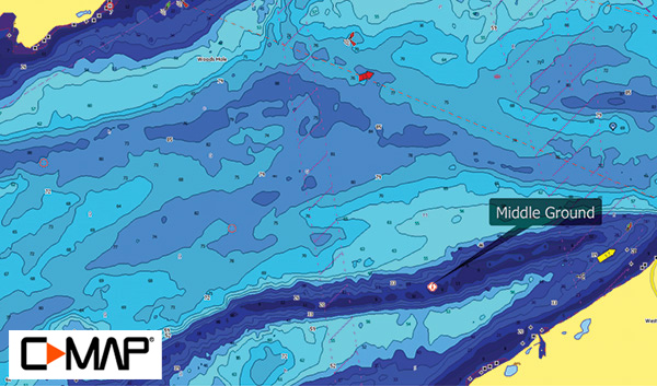 The better fishermen nose the boat just into the rip against the tide at about a 45-degree angle, then swing away at a 45-degree angle toward the deep water. Click on map for hi-res bathymetric custom map provided by C-MAP