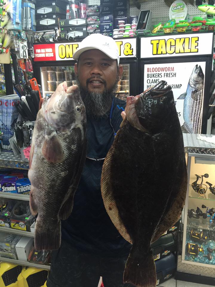 The Atlantic City combo platter: a blackfish on a green crab and a flounder on a minnow. 