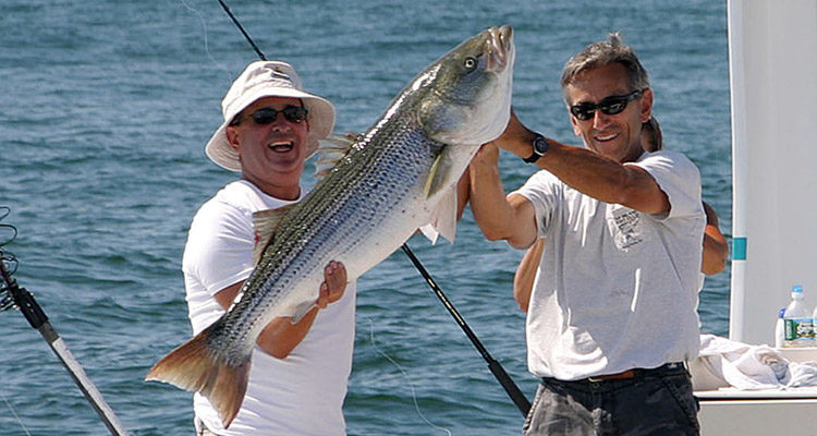Captain Steve Roland and a bunker-chunk-caught, 44-pound East End striper.