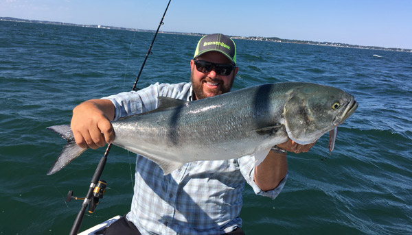 Forrest Stillwell landed this 35-inch bluefish off of Revere Beach jigging off the bottom.