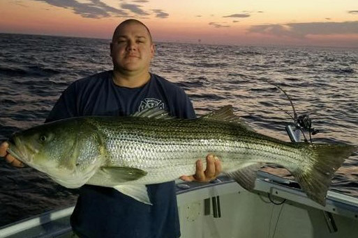 Mate Craig Kutiak holds a 44 inch bass caught aboard Parker Pete's Sportfishing out of Belmar.