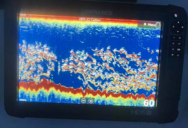 Lowrance sounder glow red from 20&rsquo; below the boat to the bottom at 60&rsquo;