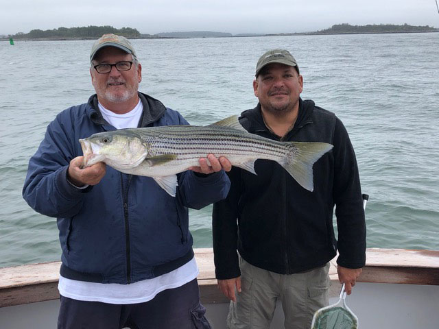 Captain Paul Diggins and angler Manuel Paulino striped bass