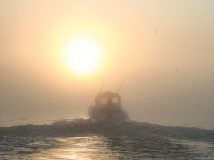 tuna boat in fog