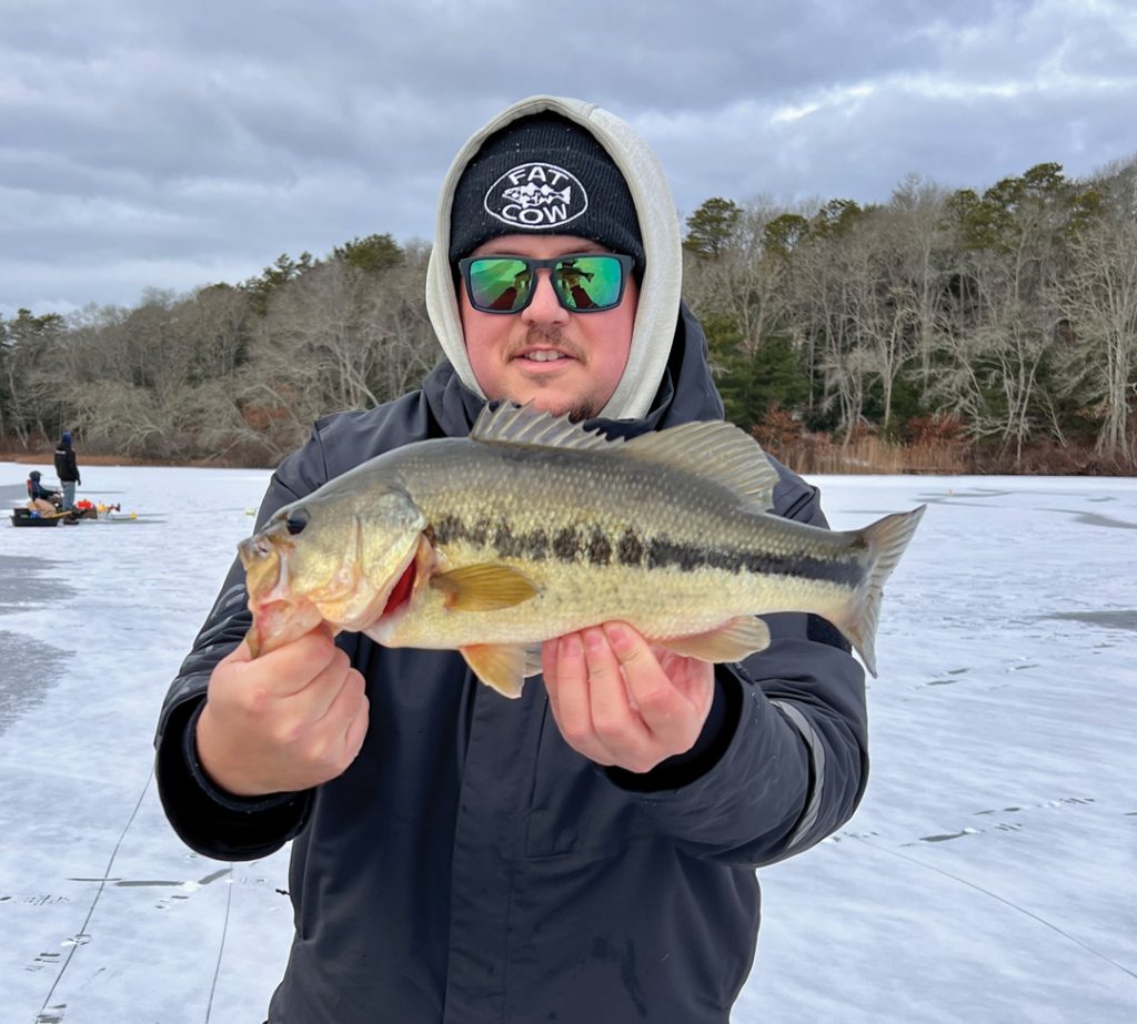 Haeffner with largemouth bass on the ice