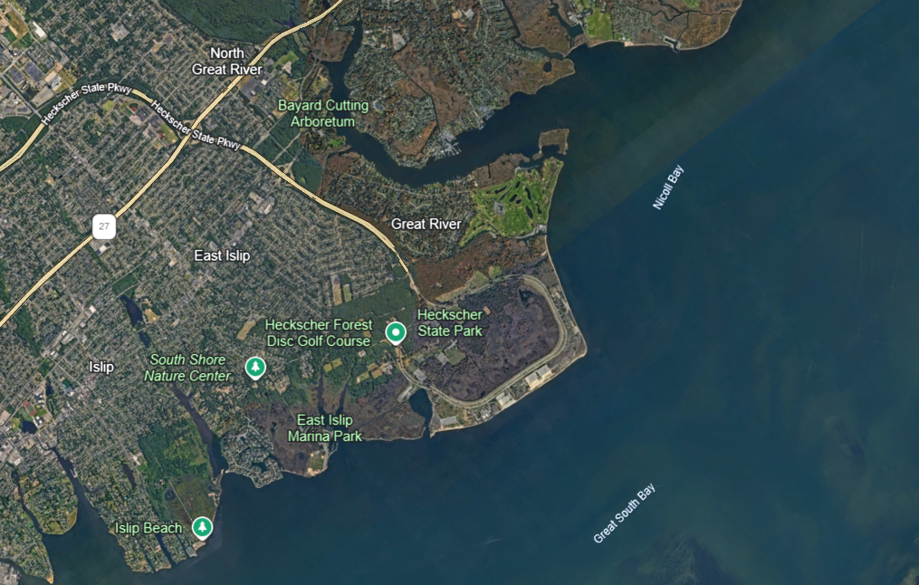 Aerial view of Heckscher State Park on Long Island's Great South Bay