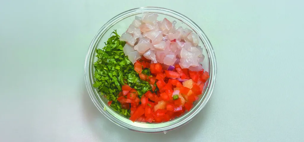 ceviche recipe - diced and chopped ingredients, mixed