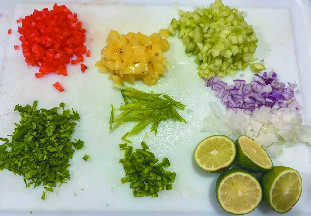 ingredients for ceviche recipe, prepped for mixture